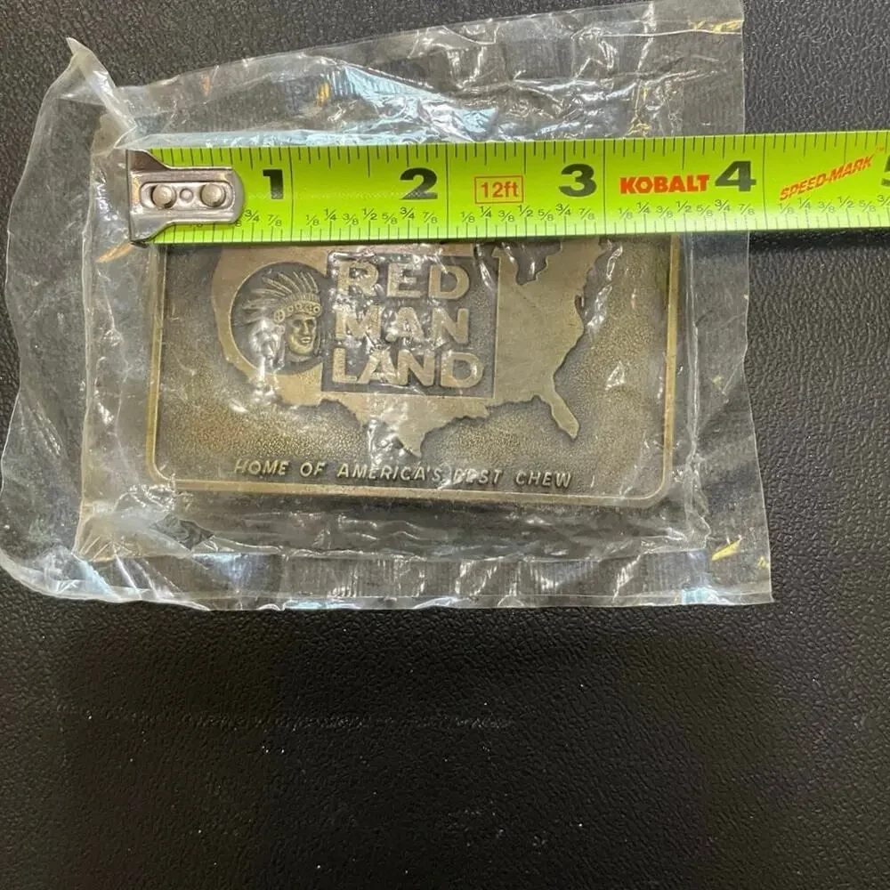 Vintage Red Man Land Brass Tone Belt Buckle Tobacco Americana USA Chew